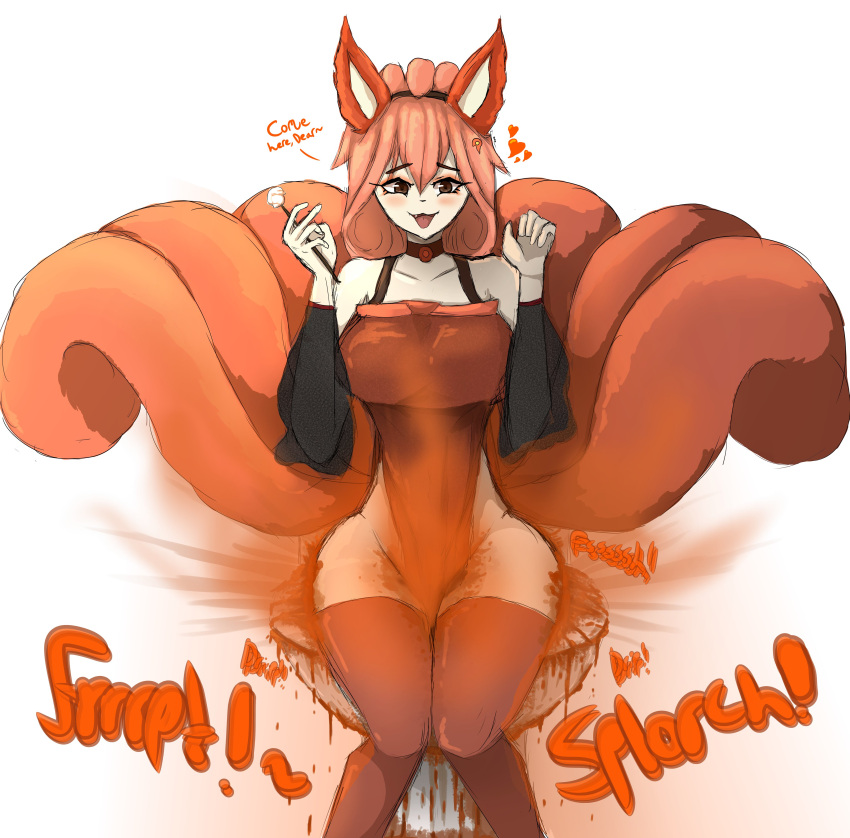 &lt;3 absurd_res animal_ears anthro blush clothing earpick fart feces female floofykinkumiho hair hi_res leggings legwear multi_tail nintendo pokemon pokemon_(species) red_hair scat solo sound_effects tail toilet toilet_use