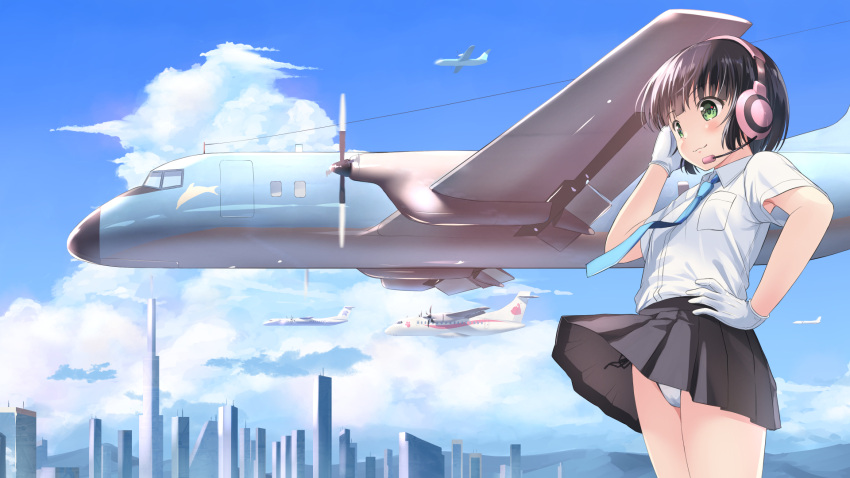 1girl :3 aircraft airplane black_skirt blue_necktie blue_sky blunt_bangs blush breasts brown_hair cityscape closed_mouth cloud collared_shirt cowboy_shot day gloves green_eyes hand_on_own_face hand_up headphones headset highres kani_miso light_blush necktie original outdoors panties pantyshot pleated_skirt school_uniform serafuku shirt shirt_tucked_in short_hair short_sleeves skirt sky small_breasts smile solo standing thighs underwear upskirt white_gloves white_panties wide_shot wind wind_lift