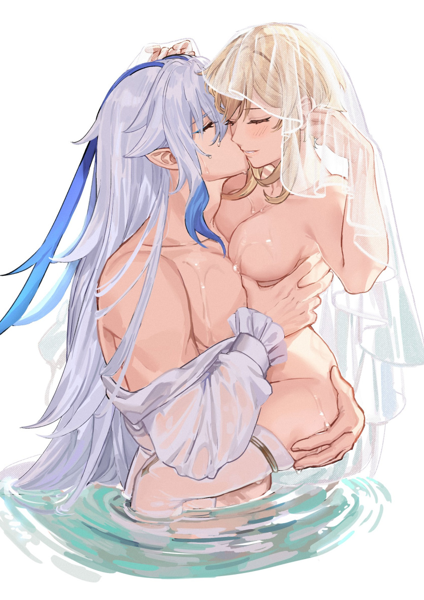 1boy 1girl blonde_hair blue_hair blush breasts carrying closed_eyes genshin_impact grey_hair hetero highres kiss long_hair lumine_(genshin_impact) medium_breasts multicolored_hair neuvillette_(genshin_impact) nude off_shoulder open_clothes open_shirt parted_lips pointy_ears short_hair_with_long_locks simple_background stars4993 thighhighs veil very_long_hair water wet white_background white_thighhighs
