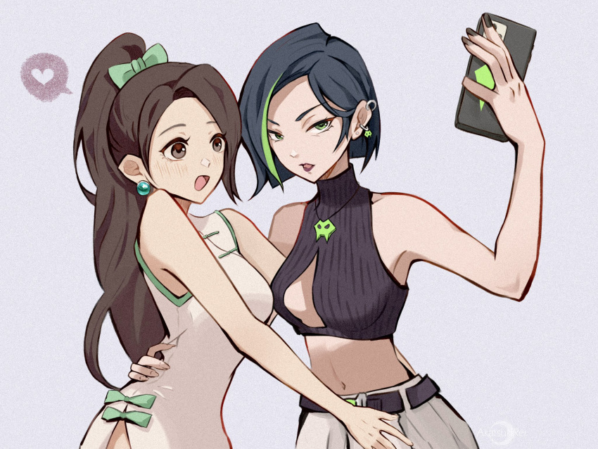 2girls alternate_costume animification belt black_belt black_hair black_nails blush bow breasts brown_eyes china_dress chinese_clothes cleavage_cutout clothing_cutout crop_top cropped_sweater dress earrings green_bow green_hair grey_skirt hair_behind_ear hair_bow hand_on_another's_waist heart highres holding holding_phone jewelry long_hair looking_ahead looking_at_viewer medium_breasts midriff multicolored_hair multiple_girls navel open_mouth phone ponytail purple_background purple_lips rei1028 sage_(valorant) short_hair sideboob skirt sleeveless sleeveless_sweater smile speech_bubble spoken_heart streaked_hair sweater valorant very_long_hair viper_(valorant) white_dress yuri