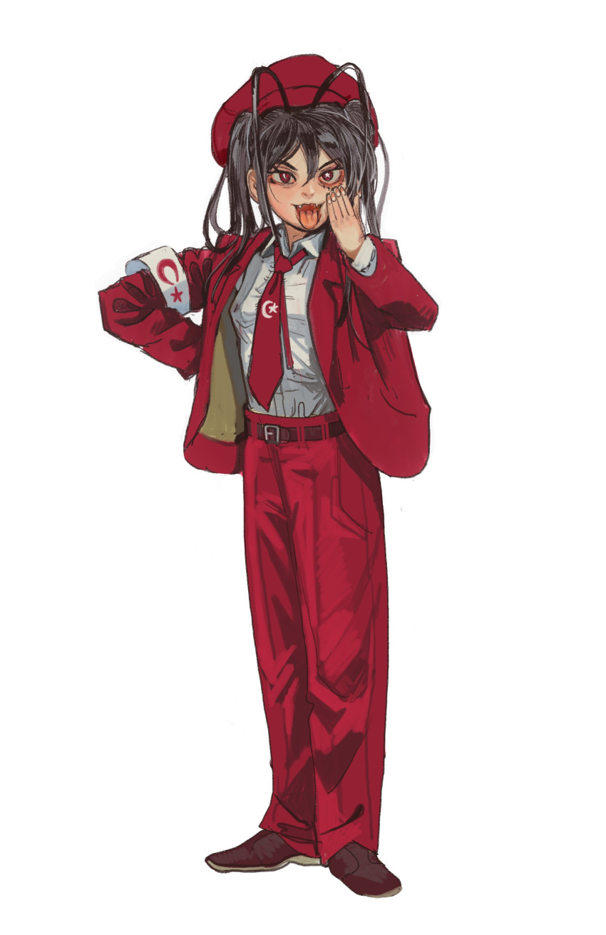 1girl absurdres antenna_hair belt brown_footwear brown_hair collared_shirt formal full_body hand_up highres jacket loafers looking_at_viewer medium_hair mossacannibalis necktie original pants red_headwear red_jacket red_necktie red_pants shirt shirt_tucked_in shoes simple_background solo standing star_and_crescent suit_jacket tongue tongue_out turkey_(country) white_background white_jacket white_shirt