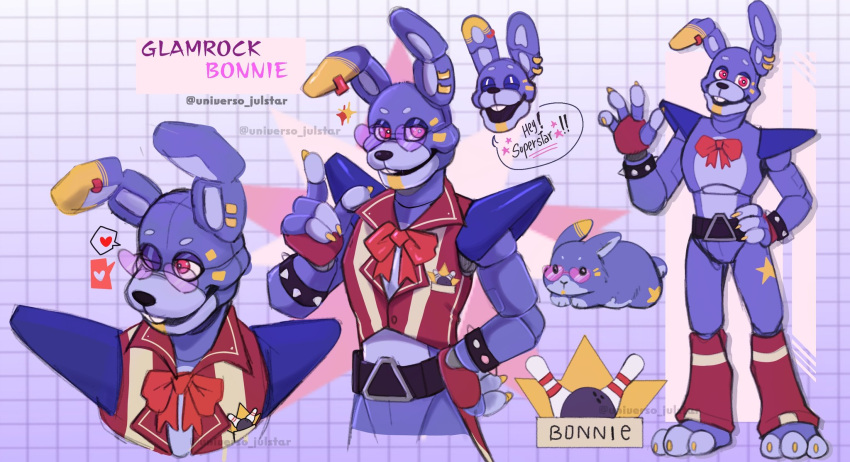 2023 animatronic anthro biped bow_tie bracelet clothed clothing cuff_(restraint) digital_drawing_(artwork) digital_media_(artwork) english_text eyewear fanmade_design_glamrock_bonnie five_nights_at_freddy's five_nights_at_freddy's:_security_breach glamrock_bonnie_(fnaf) glasses hi_res jewelry lagomorph leporid long_ears machine mammal multiple_poses open_mouth pose purple_body rabbit red_eyes restraints robot scottgames simple_background smile solo spiked_bracelet spikes steel_wool_studios text universo_julstar wrist_cuffs yellow_body