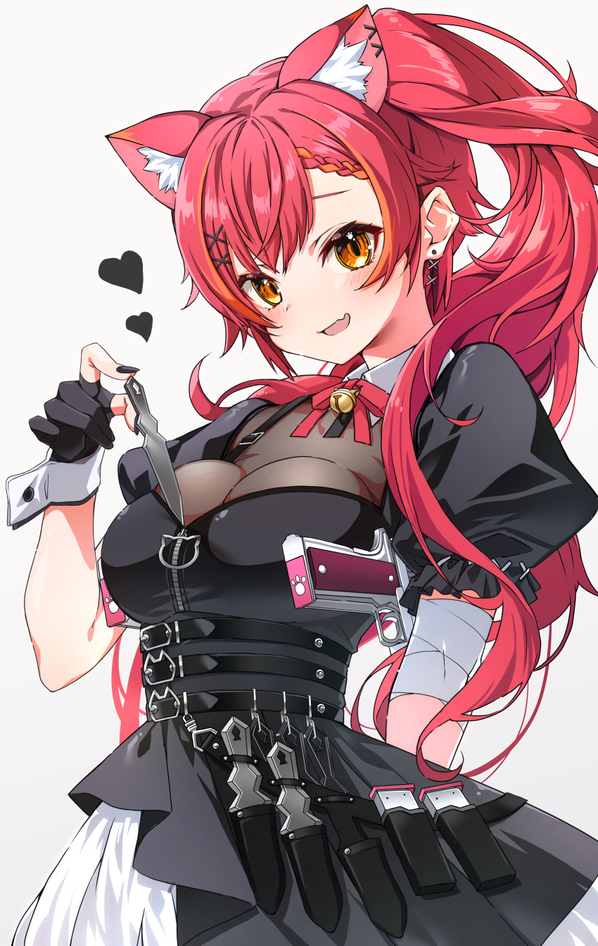 1girl absurdres animal_ears arm_behind_back bell black_dress braid breasts cat_ears cleavage detached_collar dress gloves gun hair_ornament hand_up heart highres holstered jingle_bell knife knife_sheath long_hair looking_at_viewer multiple_knives nekota_tsuna open_mouth orange_eyes partially_fingerless_gloves ponytail puffy_short_sleeves puffy_sleeves red_hair ruo19 sheath short_sleeves single_braid solo virtual_youtuber vspo! weapon x_hair_ornament