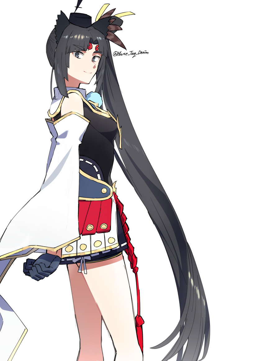 1girl absurdres armor black_hair black_leotard blue_eyes breast_curtains breasts detached_sleeves fate/grand_order fate_(series) feather_hair_ornament feathers hair_bun hair_ornament hat highres house_tag_denim japanese_armor leotard long_hair looking_at_viewer medium_breasts parted_bangs side_ponytail sidelocks single_side_bun smile solo thighs ushiwakamaru_(fate) ushiwakamaru_(tour_outfit)_(fate) very_long_hair wide_sleeves