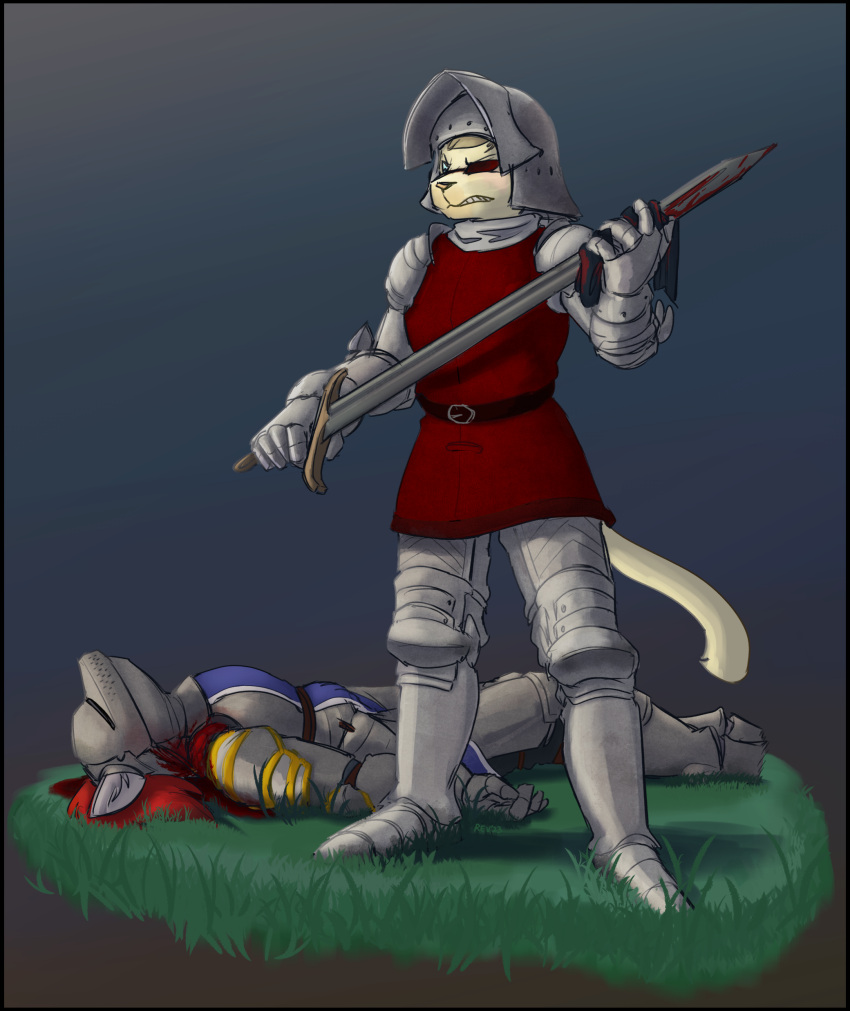 absurd_res anthro arm_wound armor blood blood_pool bodily_fluids canid canine canis cat_knight corpse cut_(wound) digital_media_(artwork) digital_painting_(artwork) domestic_cat domestic_dog duo felid feline felis female frown gore gradient_background grass hi_res husky jaclyn_(revertigo) lying mammal melee_weapon missing_eye nordic_sled_dog on_back painting_(artwork) plant plate_armor revertigo scowl simple_background spitz sword towel traditional_media_(artwork) weapon wolf