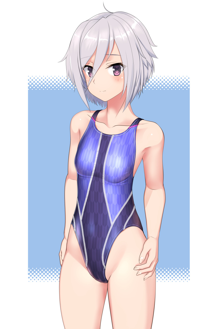 1girl absurdres ahoge blue_background blue_one-piece_swimsuit breasts commentary_request competition_swimsuit cowboy_shot grey_hair hair_between_eyes highres itomi_sayaka multicolored_clothes multicolored_swimsuit one-piece_swimsuit purple_eyes short_hair small_breasts solo standing swimsuit takafumi toji_no_miko two-tone_background variant_set yagasuri