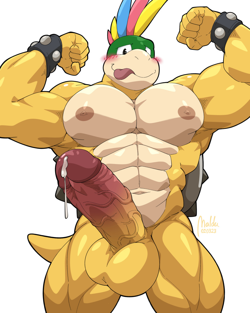 abs absurd_res anthro biceps big_muscles big_penis blush bodily_fluids bracelet cum flexing genital_fluids genitals hi_res jewelry koopa koopaling lemmy_koopa maldu male mario_bros muscular muscular_male nintendo nipples pecs penis precum reptile scalie smile solo spiked_bracelet spikes tongue tongue_out vein veiny_penis