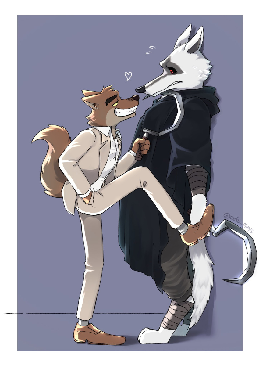 &lt;3 anthro bodily_fluids canid canine canis clothed clothing crossover death_(puss_in_boots) dreamworks duo eye_contact flirting fluffy flustered grin hi_res looking_at_another male male/male mammal mofu_(artist) mr._wolf_(the_bad_guys) puss_in_boots_(dreamworks) red_eyes shadow shy sickle size_difference smile standing sweat teasing the_bad_guys wolf