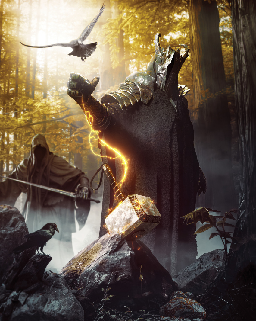 2boys absurdres armor bird brown_robe exolorian forest hammer helmet highres holding holding_sword holding_weapon hood magic mjolnir_(mythology) multiple_boys nature nazgul outdoors pauldrons photoshop_(medium) robe sauron shoulder_armor sword the_lord_of_the_rings tolkien's_legendarium tree weapon