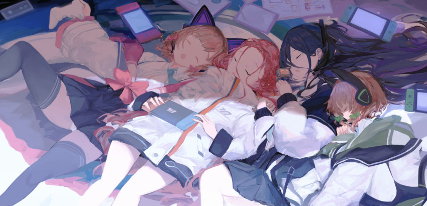 &lt;key&gt;_(robot)_(blue_archive) 4girls animal_ear_headphones animal_ears aris_(blue_archive) bare_legs black_hair black_skirt black_thighhighs blonde_hair blue_archive blue_necktie bow cat_ear_headphones closed_eyes commentary controller fake_animal_ears forehead game_controller game_development_department_(blue_archive) green_bow hair_between_eyes hair_bow handheld_game_console headphones highres holding holding_controller holding_game_controller jacket long_hair long_sleeves lousun lying midori_(blue_archive) momoi_(blue_archive) multiple_girls necktie on_back on_side one_side_up open_mouth panties pantyshot pink_bow pleated_skirt puffy_long_sleeves puffy_sleeves red_hair shirt short_hair skirt sleeping thighhighs underwear white_jacket white_panties white_shirt yuzu_(blue_archive)