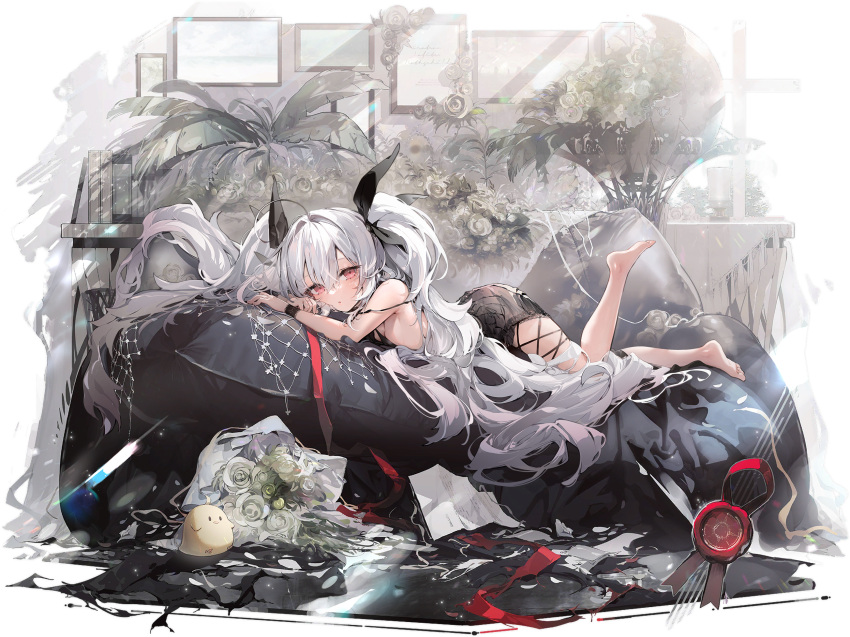 1girl artist_request azur_lane bare_legs barefoot black_dress black_ribbon breasts double-parted_bangs dress feet flower hair_between_eyes highres laffey_(azur_lane) laffey_(lazy_days)_(azur_lane) long_hair looking_back lying manjuu_(azur_lane) medium_breasts non-web_source official_alternate_costume official_art red_eyes ribbon rose soles solo toes twintails very_long_hair white_flower white_hair white_rose wristband