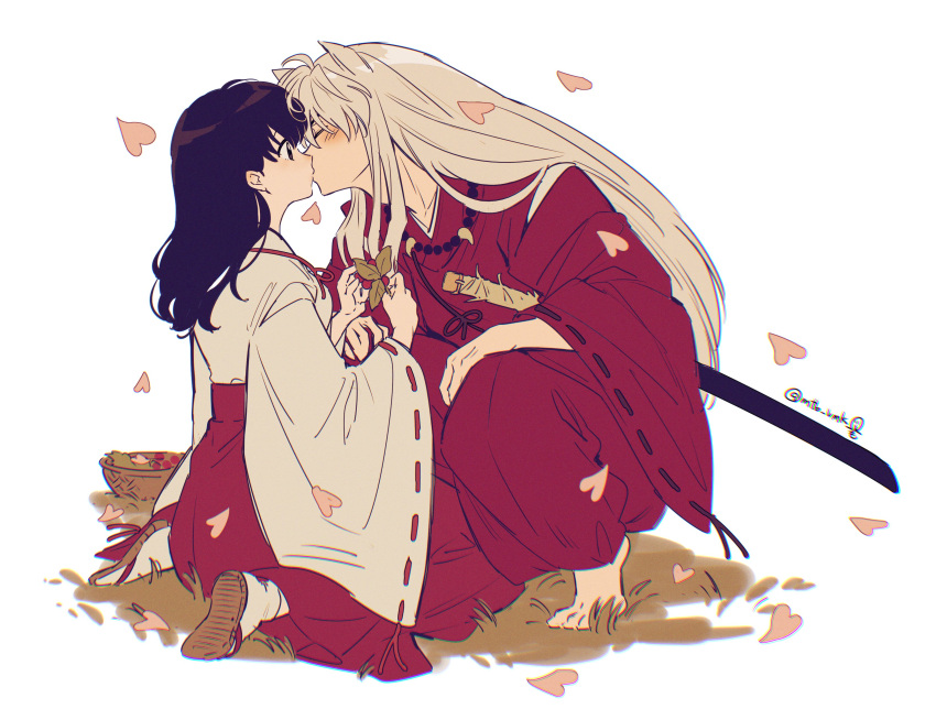 1boy 1girl absurdres animal_ears barefoot basket black_hair brown_eyes closed_eyes dog_ears grass hakama hetero highres higurashi_kagome inuyasha inuyasha_(character) japanese_clothes jewelry katana kiss leaf miko motobi_(mtb_umk) necklace petals sandals sheath sheathed sitting squatting sword twitter_username weapon white_hair