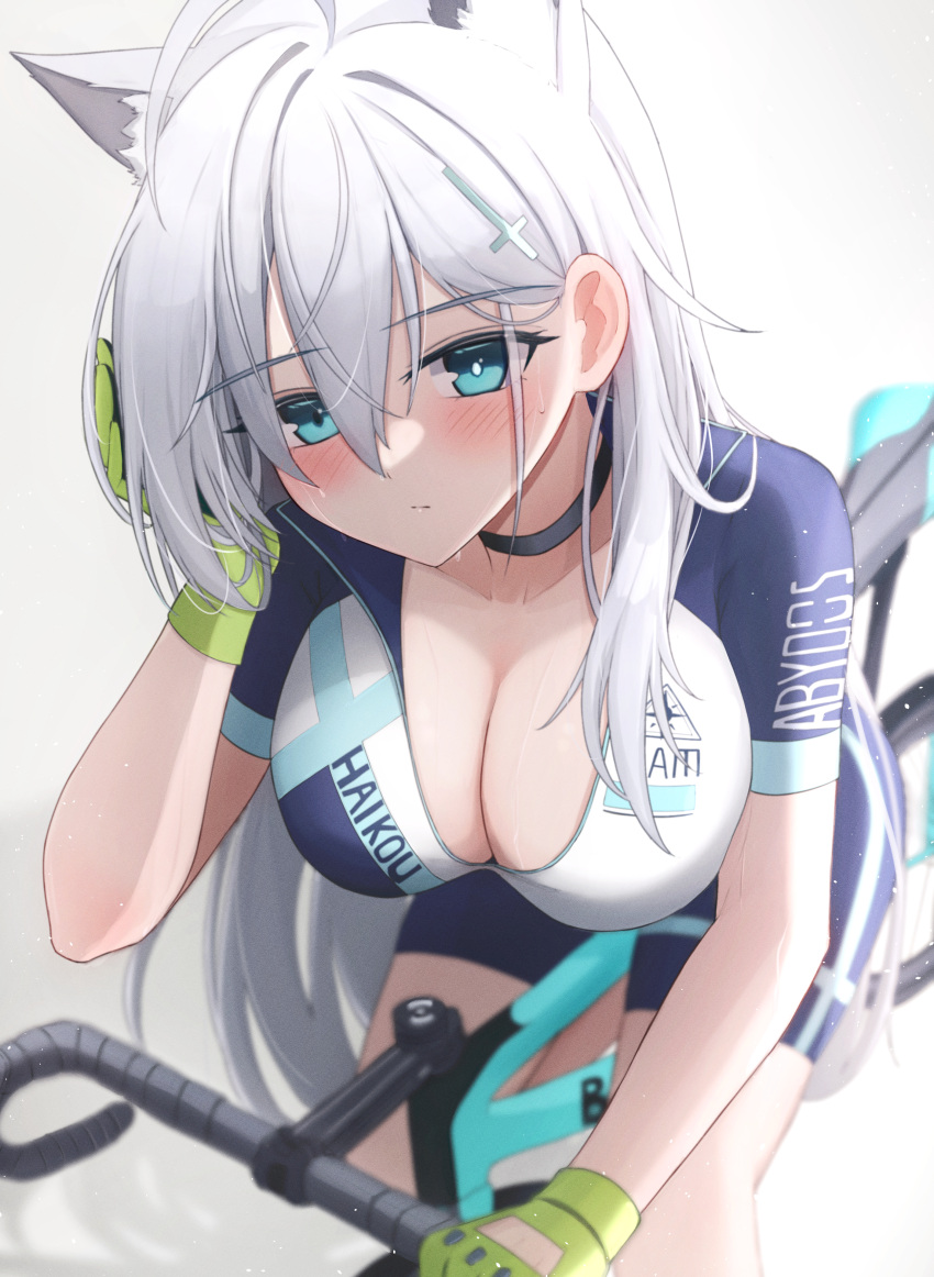 1girl absurdres animal_ear_fluff animal_ears bicycle bike_jersey bike_shorts black_choker blue_archive blue_eyes breasts choker cleavage closed_mouth cosplay cross_hair_ornament expressionless extra_ears gloves green_gloves grey_hair hair_between_eyes hair_ornament highres large_breasts long_hair mismatched_pupils mofu07519 official_alternate_costume riding riding_bicycle shiroko_(blue_archive) shiroko_(cycling)_(blue_archive) shiroko_(cycling)_(blue_archive)_(cosplay) shiroko_(terror)_(blue_archive) short_sleeves simple_background solo sweat wolf_ears