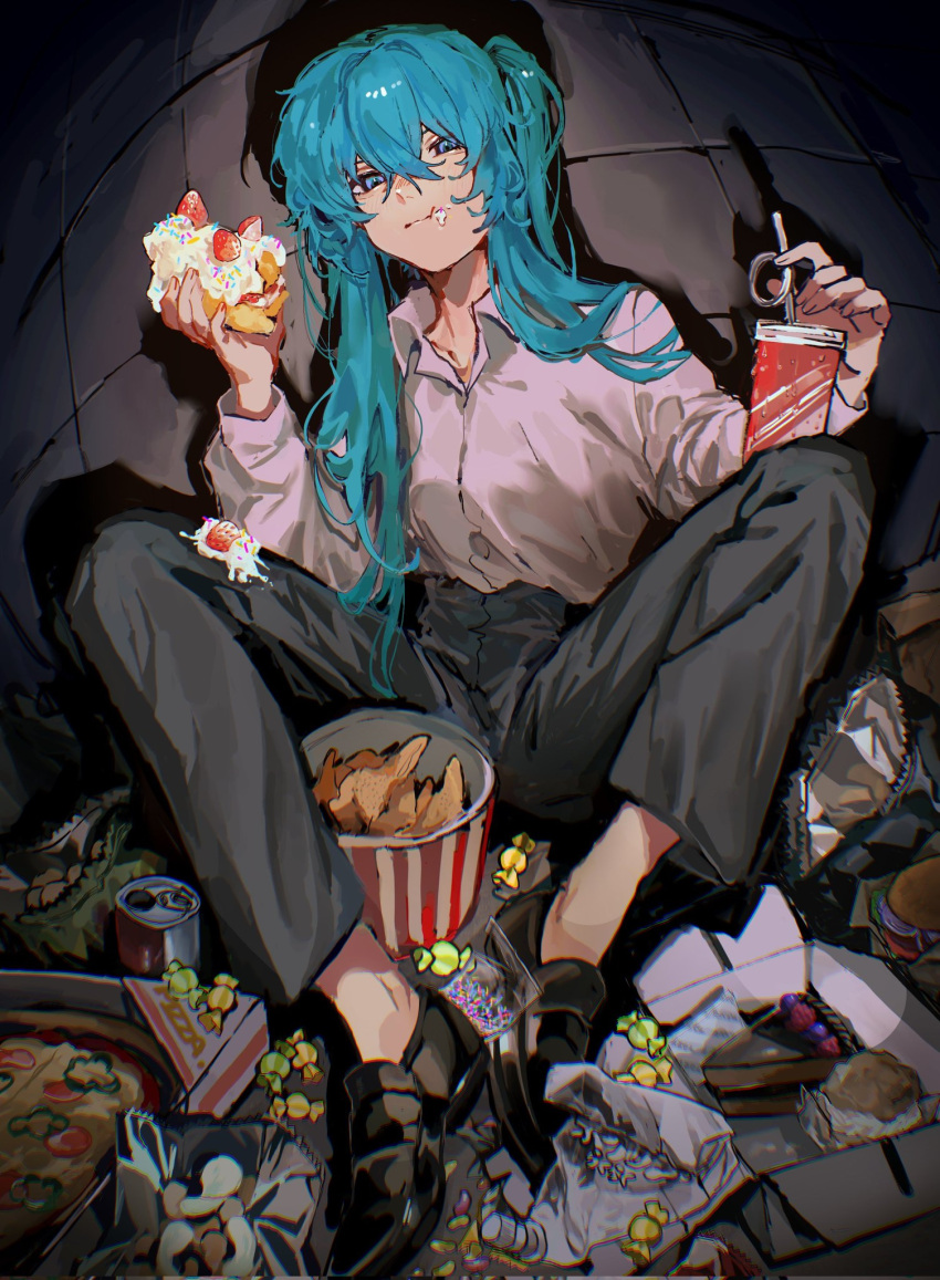 1girl a604531378 bag_of_chips black_footwear black_pants blue_eyes blue_hair bucket_of_chicken burger cake cake_slice can candy candy_wrapper chips_(food) chocolate_cake closed_mouth collared_shirt cup disposable_cup eating food hatsune_miku high-waist_pants highres holding holding_cake holding_food jelly_bean loafers long_hair looking_at_viewer pants pastry_box pizza pizza_box potato_chips scone shirt shirt_tucked_in shoes sidelocks sitting solo too_much_food very_long_hair vocaloid white_shirt