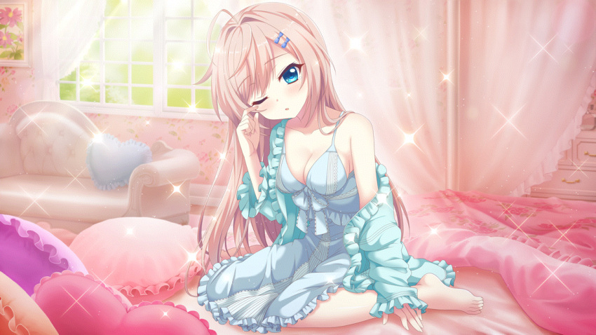 1girl ahoge barefoot bed bedroom blue_camisole blue_eyes blue_pajamas breasts camisole canopy_bed chest_of_drawers cleavage collarbone couch curtains day dot_nose film_grain floral_print frilled_pajamas game_cg hair_down hair_ornament hairclip head_tilt heart heart_pillow himura_nagisa indoors izumi_tsubasu lingerie long_hair medium_breasts non-web_source official_art on_bed one_eye_closed pajamas parted_lips picture_frame pillow pink_hair re:stage! rubbing_eyes sideboob single_off_shoulder sitting solo sparkle sunlight tearing_up underwear waking_up wallpaper_(object) wariza window