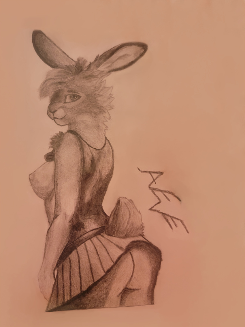 absurd_res anthro belt bottomwear breasts butt clothed clothing eevee_k exposed_breasts female fluffy fluffy_tail graphite_(artwork) hi_res lagomorph leporid looking_at_viewer looking_back looking_back_at_viewer mammal pencil_(artwork) rabbit raised_bottomwear raised_clothing raised_shirt raised_skirt raised_topwear shirt skirt solo tail topwear traditional_media_(artwork) tufted_fur
