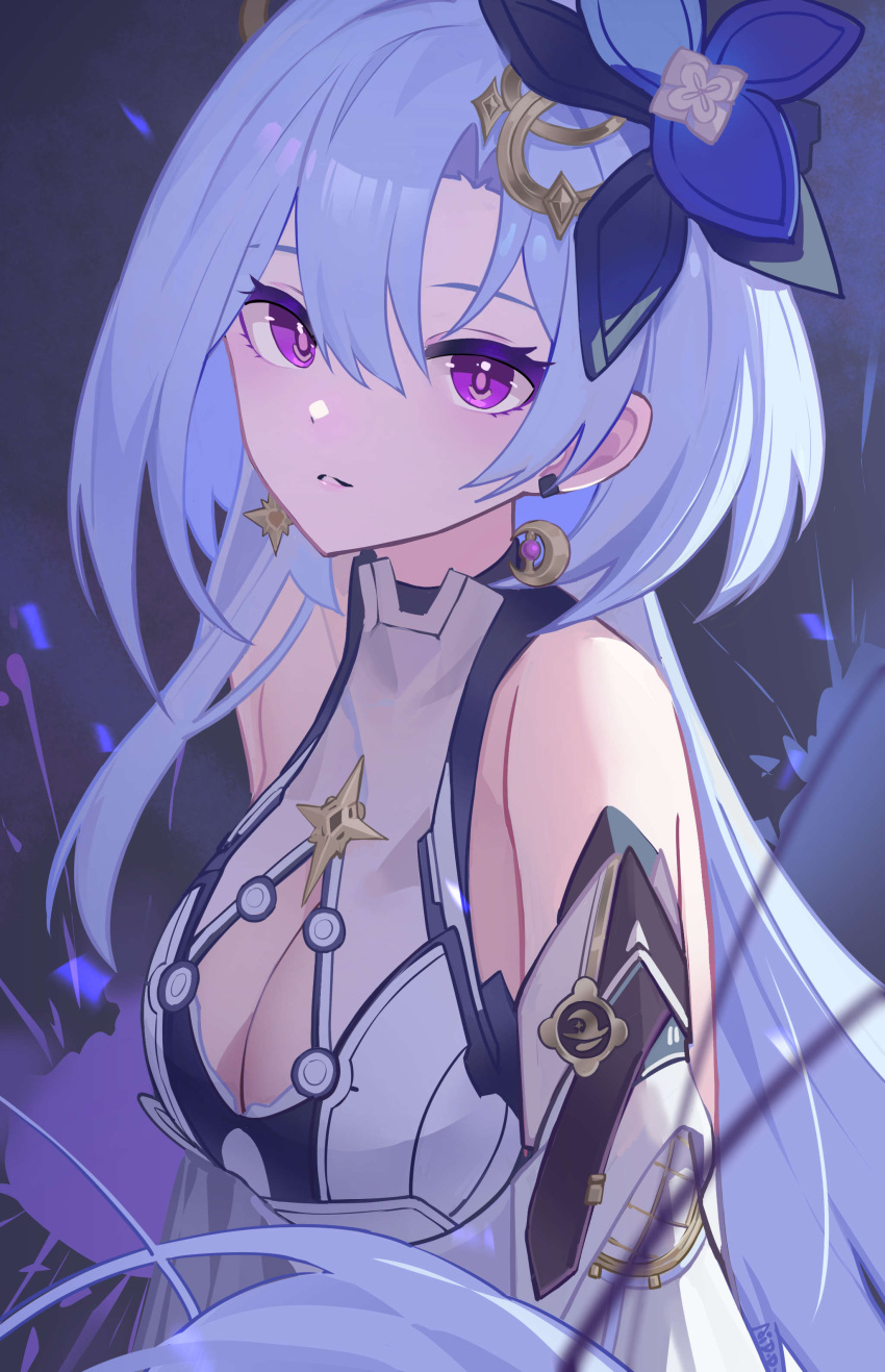 1girl absurdres ai_dongdong bare_shoulders blue_hair breasts cleavage cleavage_cutout clothing_cutout commentary_request crescent crescent_earrings detached_sleeves dress earrings flower griseo hair_between_eyes hair_flower hair_ornament highres honkai_(series) honkai_impact_3rd jewelry light_blue_hair long_hair looking_at_viewer mismatched_earrings parted_lips purple_eyes sleeveless sleeveless_dress solo star_(symbol) star_earrings upper_body very_long_hair white_dress white_sleeves