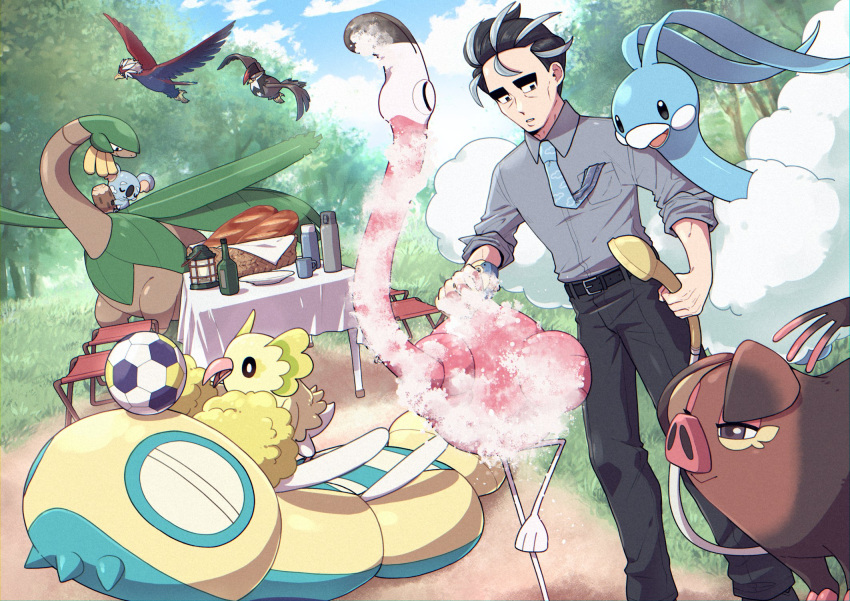 1boy altaria basket batabiru belt bird black_belt black_hair black_pants bottle braviary bread collared_shirt commentary_request day dudunsparce flamigo food grass grey_hair highres holding komala larry_(pokemon) looking_down male_focus necktie oinkologne oricorio outdoors pants pokemon pokemon_(creature) pokemon_(game) pokemon_sv shirt short_hair shower_head sleeves_rolled_up standing staraptor table thermos tree tropius washing