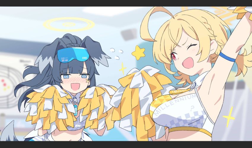 2girls absurdres ahoge animal_ears arm_up armband blonde_hair blue_archive blue_eyes blurry blurry_background blush breasts cleavage crop_top dog_ears eyewear_on_head flying_sweatdrops halo hibiki_(blue_archive) hibiki_(cheer_squad)_(blue_archive) highres holding holding_pom_poms kotori_(blue_archive) kotori_(cheer_squad)_(blue_archive) laika_(sputnik2nd) large_breasts letterboxed long_hair looking_at_another low_twintails multiple_girls nose_blush open_mouth pom_pom_(cheerleading) ponytail red_eyes shirt short_hair short_twintails sidelocks sleeveless sleeveless_shirt small_breasts smile sparkle tail twintails v-shaped_eyebrows