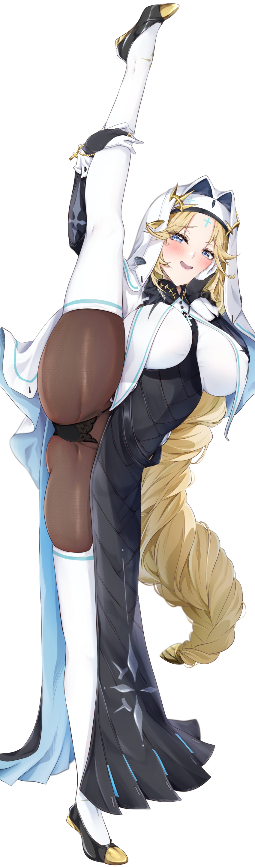 1girl absurdres black_panties blonde_hair blue_eyes blush braid braided_ponytail breasts brown_pantyhose commentary_request cross full_body gloves goddess_of_victory:_nikke highres large_breasts latin_cross long_hair looking_at_viewer nun open_mouth panties pantyhose rapunzel_(nikke) simple_background smile solo split standing standing_on_one_leg standing_split thighhighs thighs underwear white_background white_headwear white_thighhighs yoru0409