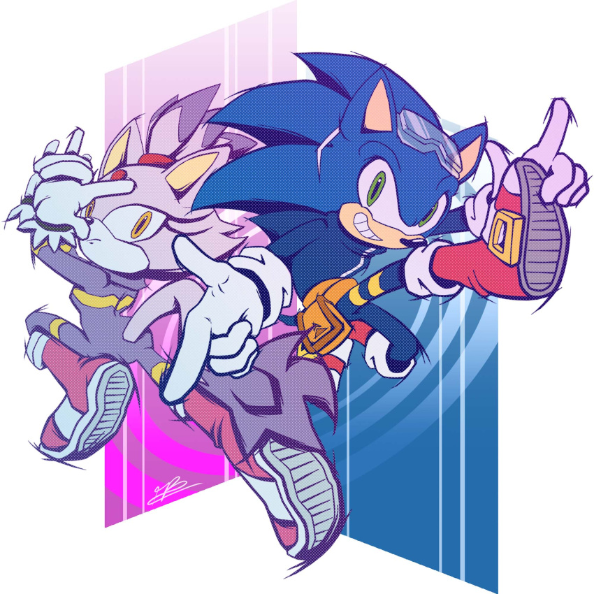 1boy 1girl blaze_the_cat blue_fur bodysuit cat_girl cat_tail forehead_jewel gloves green_eyes hand_gesture highres looking_at_viewer nigmafrankie purple_fur smirk sonic_(series) sonic_riders sonic_rush sonic_the_hedgehog tail yellow_eyes