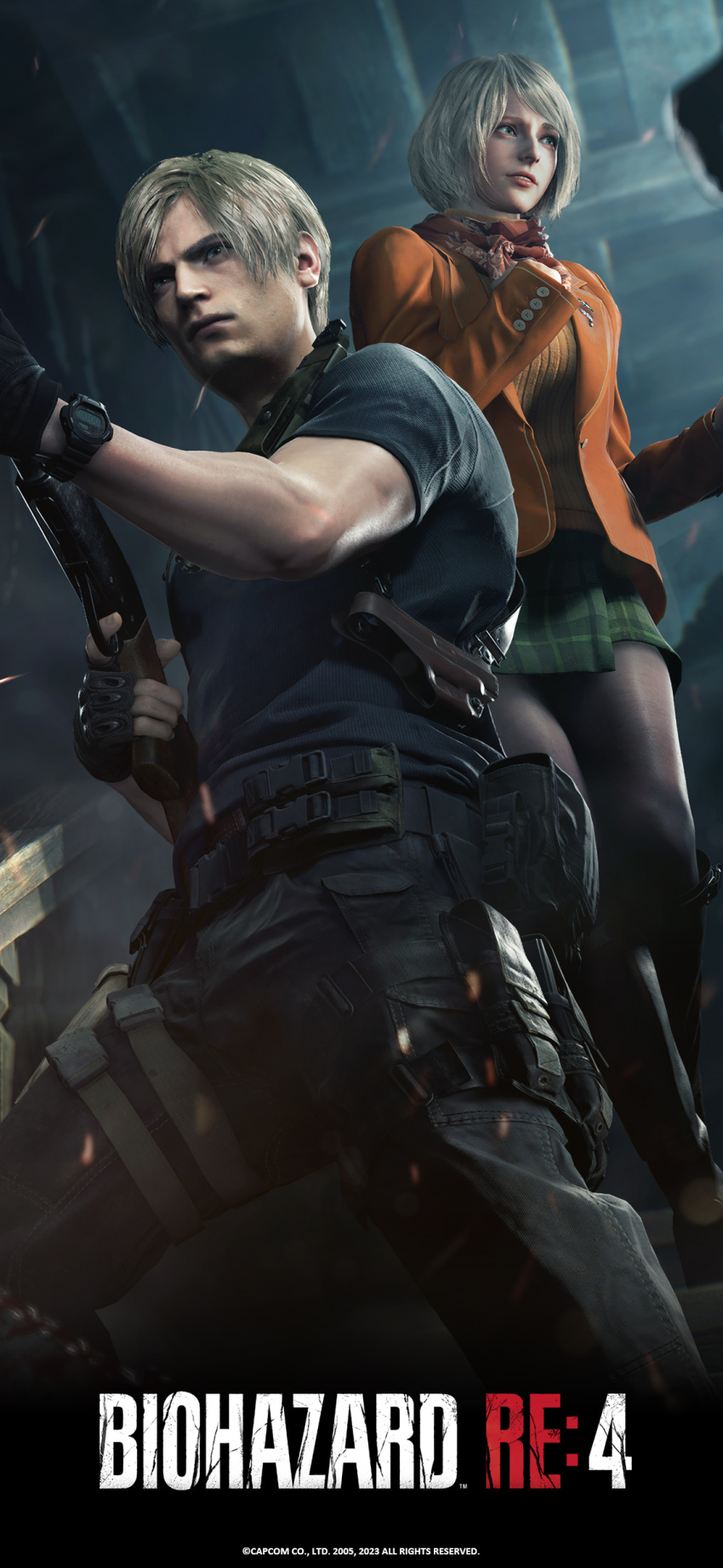 1boy 1girl 2005 2023 @_(symbol) absurdres ashley_graham belt black_pants black_shirt blonde_hair blood candle capcom chainsaw copyright_name english_text gloves green_skirt gun hand_on_own_chest highres holding holding_weapon holster indoors jacket knife_holster leggings leon_s._kennedy logo mask muscular official_art orange_jacket orange_sleeves pants resident_evil resident_evil_4 resident_evil_4_(remake) scarf shirt short_hair shotgun skirt stairs standing v-shaped_eyebrows watch weapon wristwatch