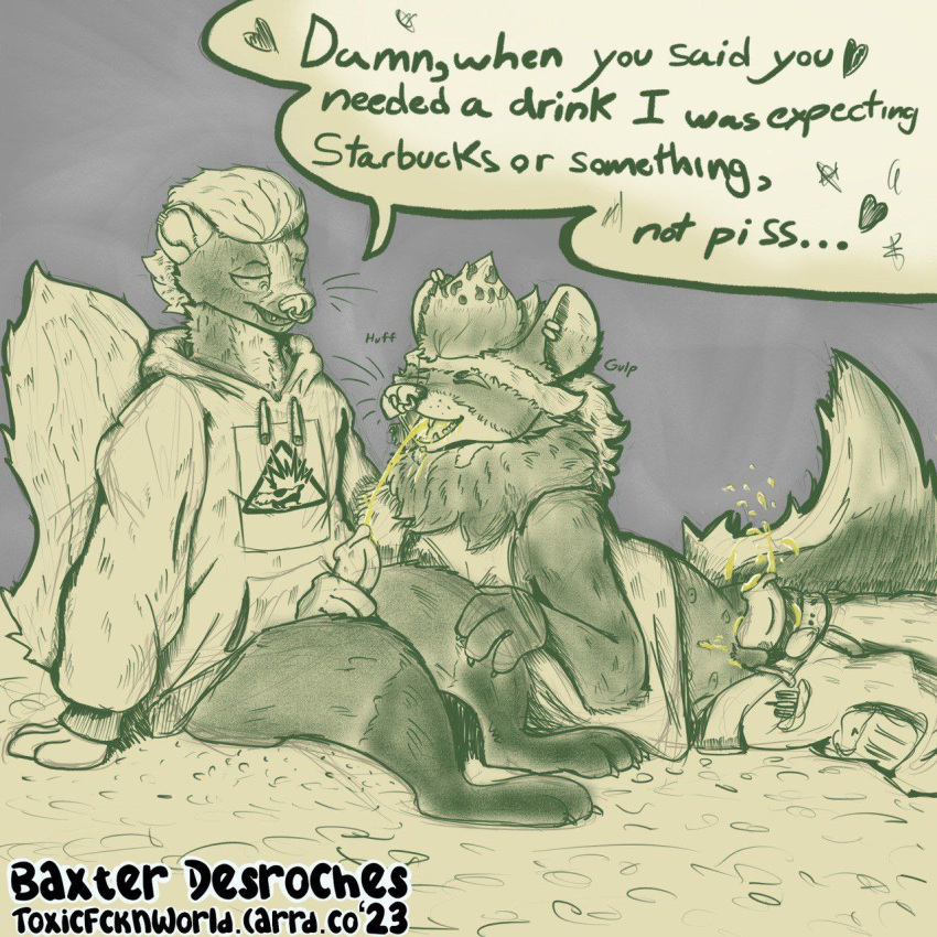 anthro baxter_(toxicfcknferret) bodily_fluids clothed clothing duo english_text genital_fluids hi_res humor ictonychine male male/male mammal marbled_polecat mephitid metsa mustelid musteline on_ground outside partially_clothed peeing_on_self polecat_(mustelid) skunk text toxicfcknferret urine urine_in_mouth watersports