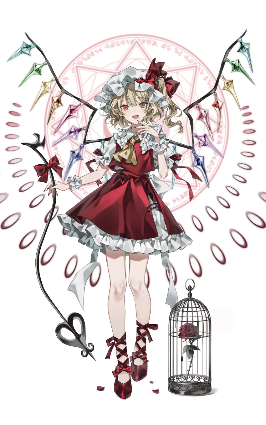 1girl absurdres ascot blonde_hair blood blood_on_clothes blood_on_face blood_on_hands collared_shirt crystal danmaku fangs fingernails flandre_scarlet frilled_shirt_collar frilled_skirt frilled_sleeves frills full_body hanaya_(fleur) hat highres laevatein_(touhou) long_fingernails long_hair looking_at_viewer magic_circle mob_cap nail_polish one_side_up open_mouth petals pointy_ears red_eyes red_footwear red_nails red_skirt red_vest sharp_fingernails shirt shoes short_sleeves simple_background skirt slit_pupils smile solo touhou vest white_background white_headwear white_shirt wings wrist_cuffs yellow_ascot