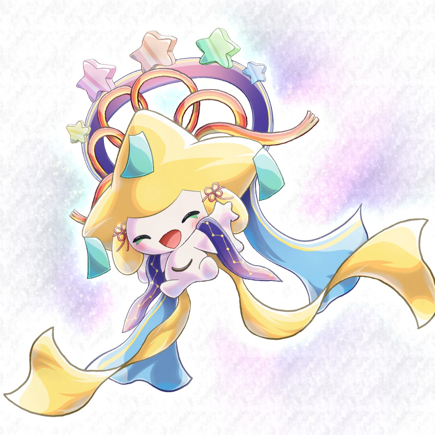 :d blush closed_eyes commentary_request full_body happy highres jirachi lucky777 no_humans open_mouth outstretched_arms pokemon pokemon_(creature) ribbon smile solo tongue