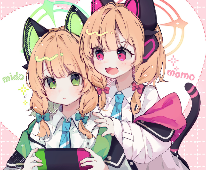 2girls animal_ear_headphones animal_ears blonde_hair blue_archive blue_necktie blush cat_tail collared_shirt fake_animal_ears green_eyes green_halo halo handheld_game_console headphones highres holding holding_handheld_game_console jacket long_sleeves midori_(blue_archive) momoi_(blue_archive) multiple_girls necktie open_mouth parted_lips peach5828 pink_halo red_eyes shirt short_hair siblings sisters smile tail twins two-sided_fabric two-sided_jacket white_jacket white_shirt wide_sleeves