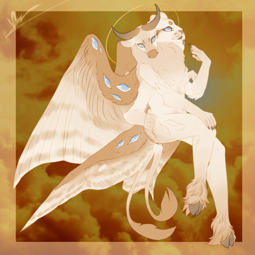 2_horns 2_tails accipitrid accipitriform actually_biblically_accurate_angel angel ankle_tuft anthro avian beak biblically_accurate_angel bird blue_eyes bovid bovine breasts cherubim chest_tuft cloven_hooves eagle feathered_wings feathers felid female fluffy hi_res hooves horn leg_tuft lion mammal multi_head multi_tail multi_wing neck_tuft nude pantherine snout solo sophisticatedchaoss tail tail_tuft tuft wing_eyes wings