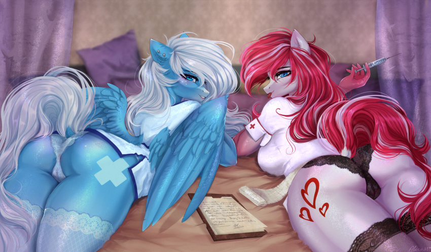 alicesmitt31 anthro bed blue_body blue_eyes blue_fur camel_toe cherry_pop_(xanthor) clothing duo earth_pony equid equine fan_character fur furniture hair hasbro hi_res horse icy_heart legwear looking_at_viewer mammal my_little_pony nurse nurse_clothing nurse_uniform on_bed panties pegasus pony red_hair stockings syringe tail underwear uniform white_hair white_tail wings
