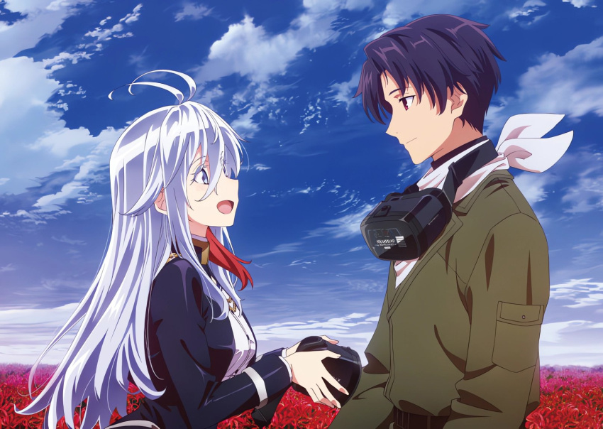 86_-eightysix- ahoge black_jacket blue_eyes blue_hair blue_sky brown_eyes buttons closed_mouth cloud cloudy_sky collar flower green_jacket grey_hair hana_ariasunas head-mounted_display highres jacket long_hair long_sleeves open_mouth red_flower red_hair shinei_nouzen shirt short_hair simple_background sky smile vladilena_millize white_shirt