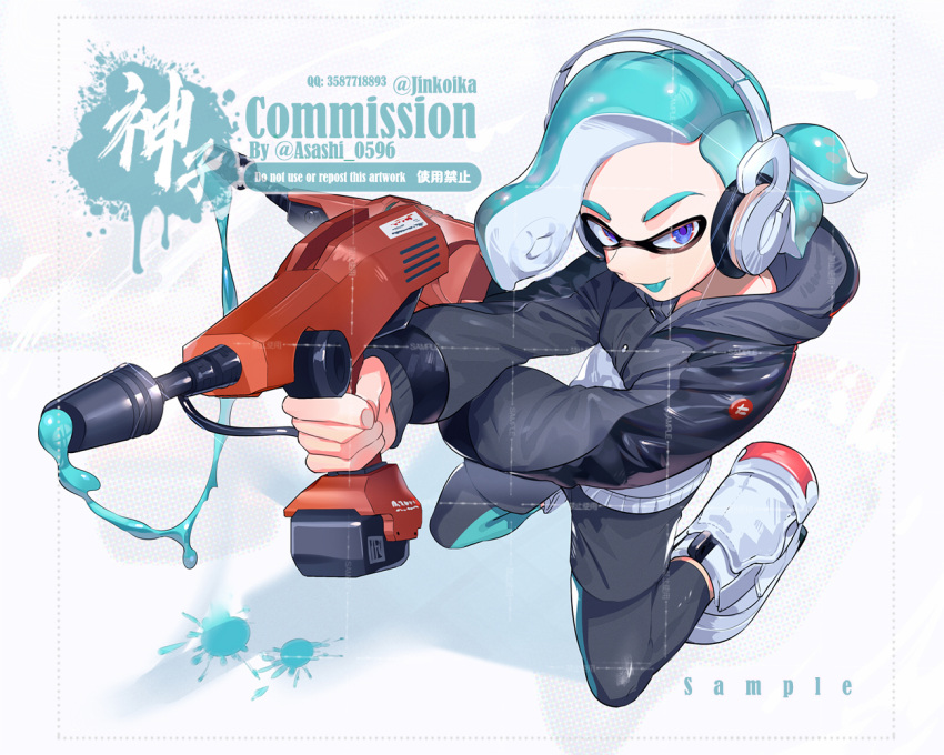 1boy artist_name black_jacket black_pants blue_eyes blue_hair commentary commission dual_wielding dualie_squelcher_(splatoon) from_above gun headphones holding holding_gun holding_weapon hood hooded_jacket inkling inkling_boy jacket jinkobanana looking_at_viewer multicolored_clothes multicolored_jacket paint pants sample_watermark shoes short_hair solo splatoon_(series) symbol-only_commentary tongue tongue_out two-tone_jacket watermark weapon white_background white_footwear white_jacket
