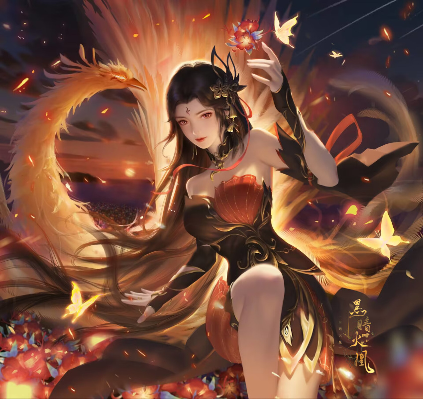 1girl bare_legs bare_shoulders bird brown_hair closed_mouth dusk embers facial_mark forehead_mark glowing_flower hair_ornament hand_up highres huo_linger_(wanmei_shijie) leg_up linshi_(weibo) long_hair phoenix second-party_source solo sun two-tone_dress upper_body wanmei_shijie