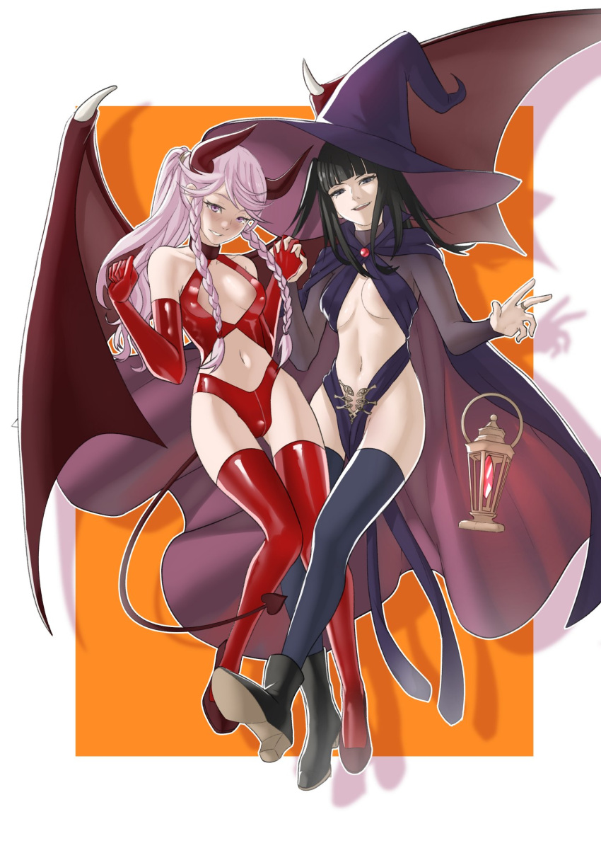 2girls alternate_costume ass_visible_through_thighs black_eyes black_hair boots braid breasts cape commission demon_girl demon_wings elbow_gloves fire_emblem fire_emblem_awakening gloves halloween halloween_costume hat highres holding_hands horns long_hair looking_at_viewer medium_breasts multiple_girls olivia_(fire_emblem) open_mouth orange_background pelvic_curtain pink_eyes pink_hair pomelomelon ponytail revealing_clothes smile tharja_(fire_emblem) thighhighs twin_braids wings witch witch_hat