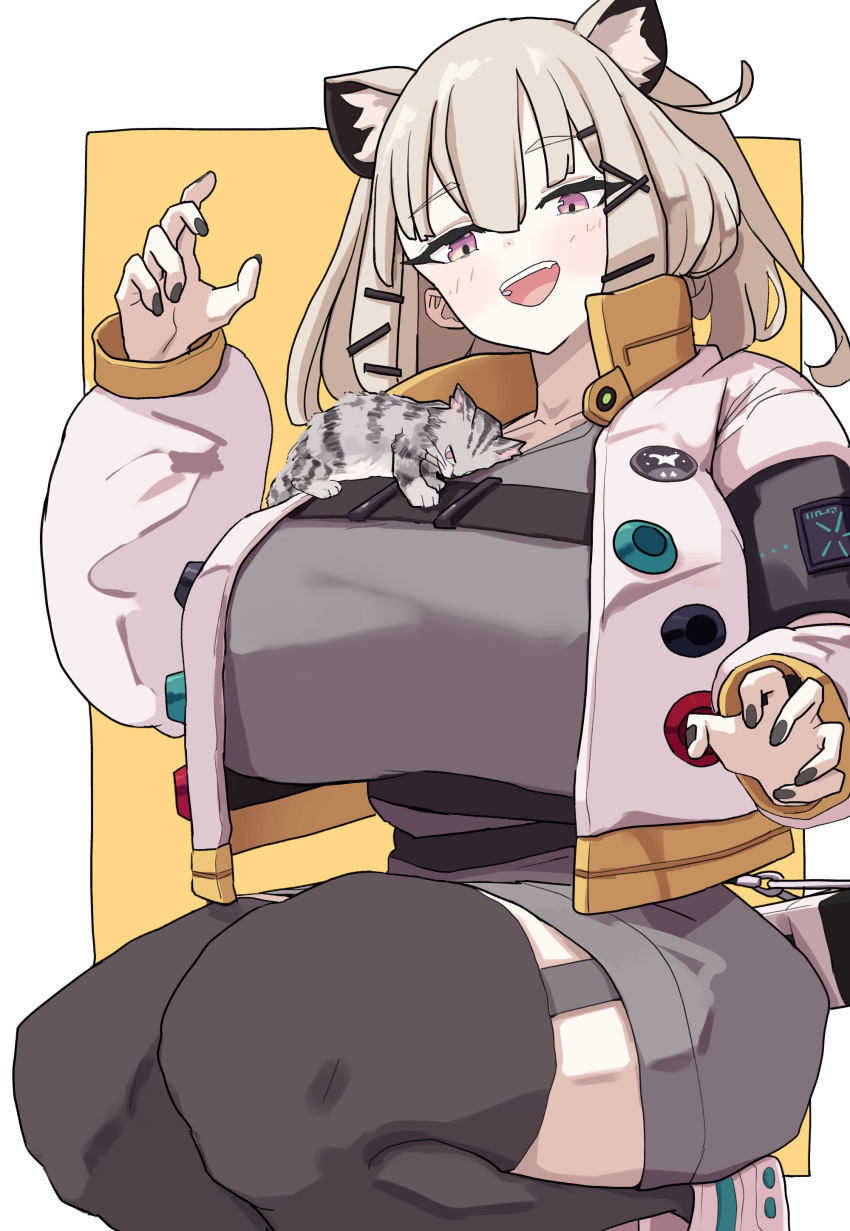 1girl :d absurdres animal animal_ear_fluff animal_ears animal_on_chest arknights black_nails black_thighhighs blush border breast_strap breasts cat commentary crop_top crop_top_overhang dot_nose feet_out_of_frame grey_shirt hair_between_eyes hair_ornament hairclip highres huge_breasts jacket light_brown_hair long_sleeves looking_at_animal looking_at_viewer medium_hair open_clothes open_hands open_jacket open_mouth outside_border puffy_long_sleeves puffy_sleeves purple_eyes shirt simple_background smile solo squatting tail thick_eyelashes thick_thighs thighhighs thighs torso_(hjk098) utage_(arknights) whiskers white_border yellow_background