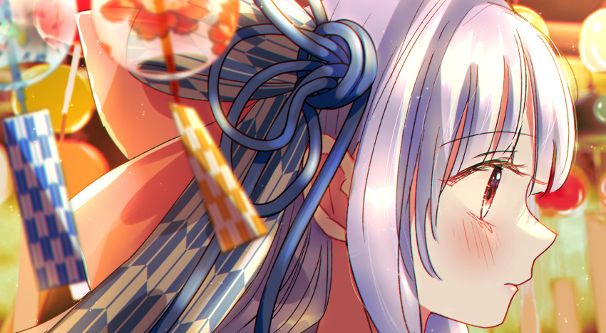 1girl blue_hair blue_ribbon blurry blurry_background blurry_foreground blush closed_mouth commentary_request festival from_side hair_ribbon highres kotonoha_aoi light_particles long_hair looking_ahead nibii_(mnwv8887) portrait print_ribbon profile red_eyes ribbon sidelocks solo tassel voiceroid wind_chime yagasuri