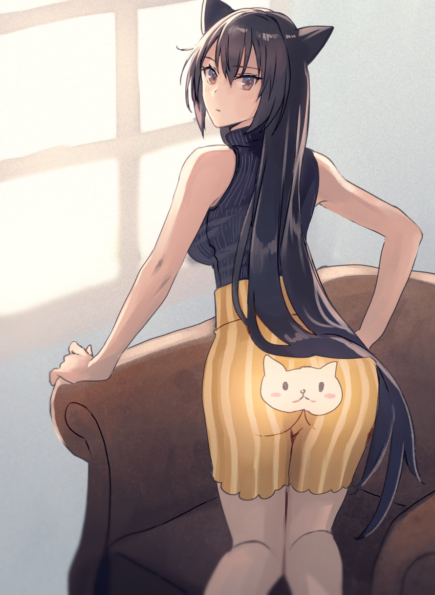 1girl alternate_costume animal_ears animal_print ass black_hair black_sweater breasts brown_eyes cat_ears cat_print chair closed_mouth commentary head_tilt highres kantai_collection kasumi_(skchkko) large_breasts long_hair looking_at_viewer nagato_(kancolle) ribbed_sweater shorts sleeveless sleeveless_sweater solo striped striped_shorts sweater very_long_hair window yellow_shorts