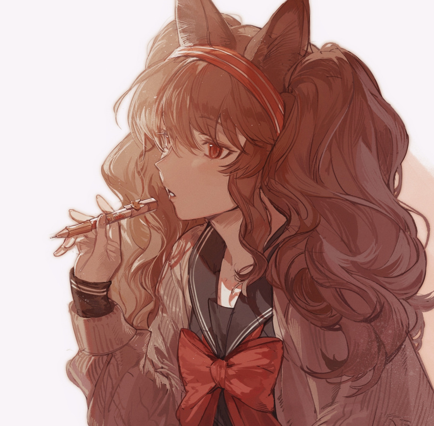 1girl acachen angelina_(arknights) animal_ears arknights black_shirt bow bowtie brown_hair brown_sweater fox_ears fox_girl fox_tail hair_between_eyes hairband hand_up highres holding holding_pen layered_sleeves long_hair long_sleeves pen red_bow red_bowtie red_eyes red_hairband shirt simple_background solo sweater tail twintails upper_body white_background