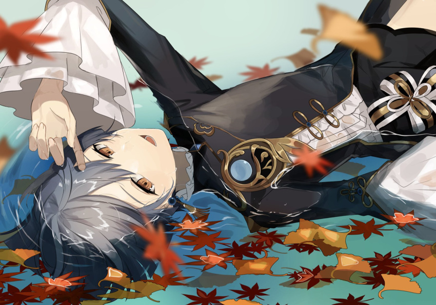 1boy :d autumn_leaves black_coat blue_hair blurry chinese_clothes coat depth_of_field earrings falling_leaves frilled_sleeves frills genshin_impact hair_between_eyes hand_up highres in_water jewelry leaf long_coat long_sleeves looking_at_viewer lying male_focus on_back open_mouth shirt short_hair single_earring smile solo tassel tassel_earrings wet wet_clothes white_shirt wide_sleeves xingqiu_(genshin_impact) yellow_eyes yoko_(nz_g)