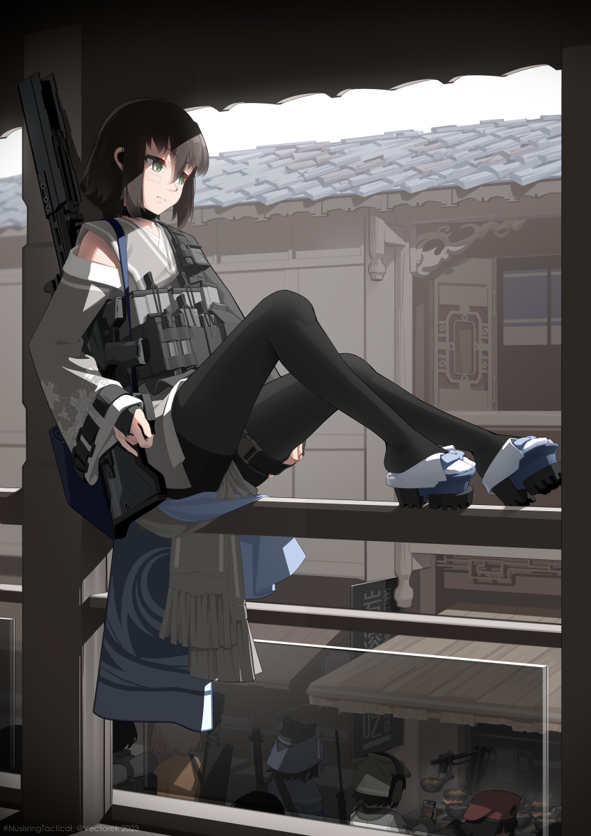 6+girls absurdres architecture artist_name assault_rifle black_hair black_kimono black_pantyhose brown_hair desert_tech_mdr east_asian_architecture facial_tattoo fulgora_(polilla) green_eyes gun highres japanese_clothes kimono kuri_inuki lidi_ahye-yesemo multiple_girls nusisring_tactical on_railing pantyhose railing rifle rooftop sandals short_hair tattoo thigh_strap vectorek weapon weisheng_lyu