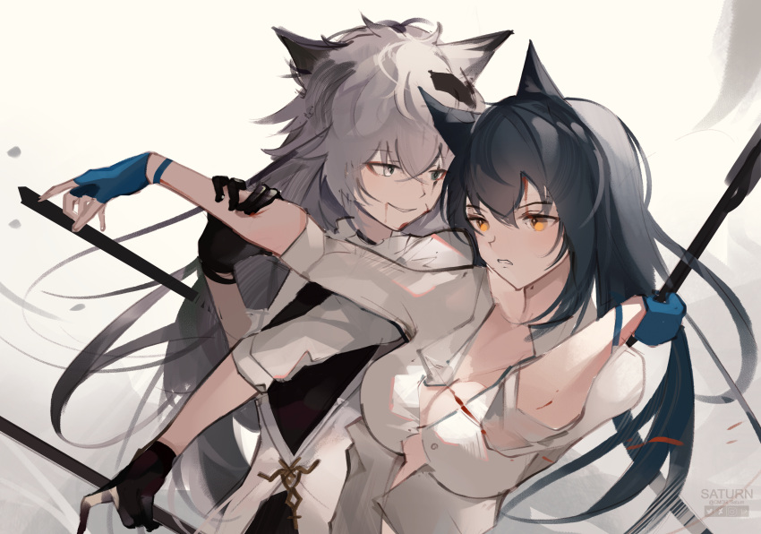 2girls absurdres animal_ear_fluff animal_ears arknights black_coat black_gloves black_hair black_nails blue_gloves breasts cmdr_saturn coat fingerless_gloves gloves grey_eyes hair_ornament hairclip highres jacket lappland_(arknights) large_breasts long_hair multiple_girls orange_eyes partially_unbuttoned penguin_logistics_(arknights) scar scar_across_eye sketch texas_(arknights) white_jacket wolf_ears wolf_girl yellow_background