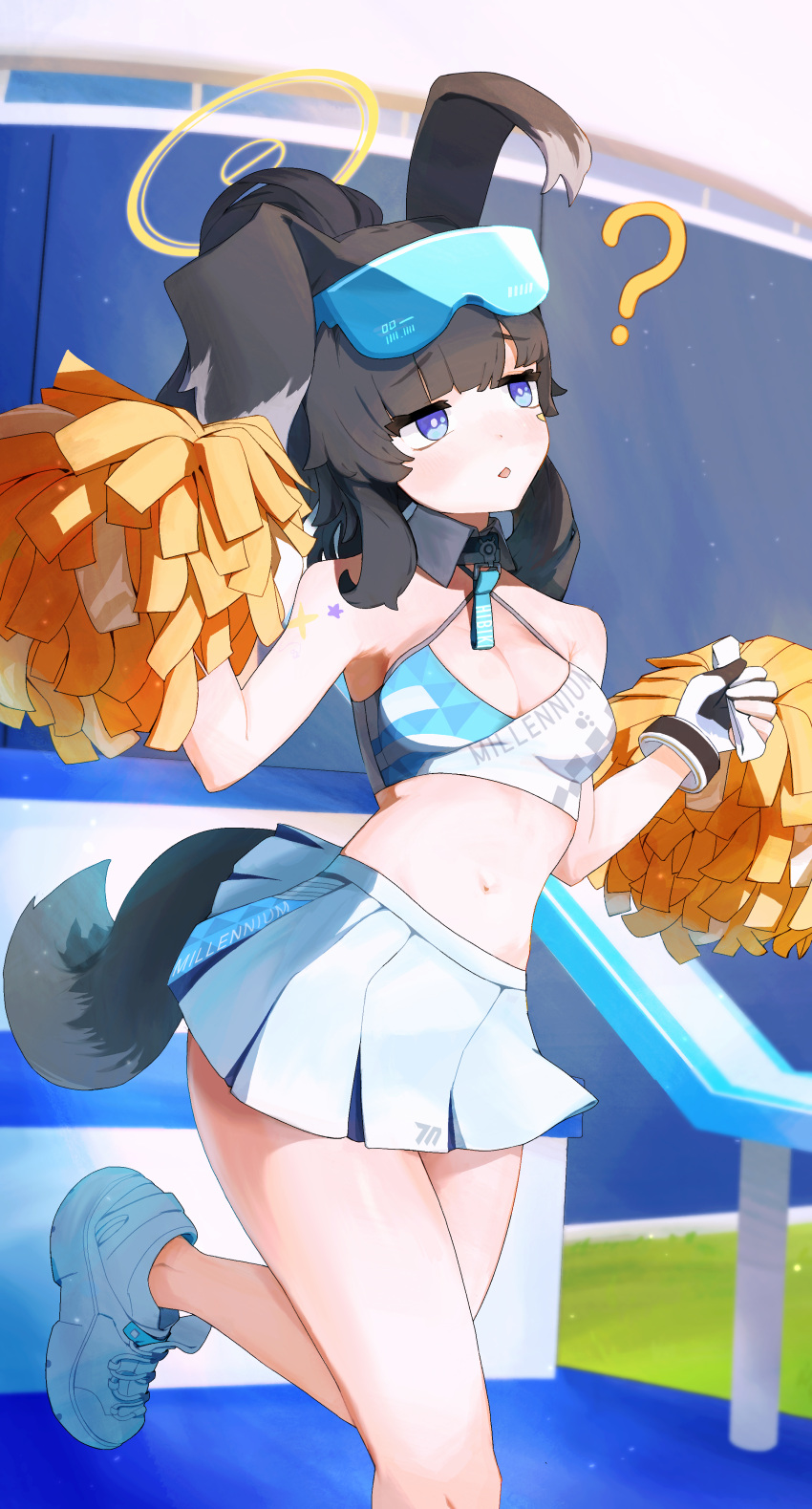 1girl ? absurdres animal_ears bangle bare_shoulders black_hair blue_archive blue_eyes blush bonefire0909 bracelet breasts cheerleader criss-cross_halter crop_top dog_ears dog_girl dog_tail ears_up eyewear_on_head gloves goggles goggles_on_head halo halterneck hibiki_(blue_archive) hibiki_(cheer_squad)_(blue_archive) highres holding holding_pom_poms jewelry long_hair midriff millennium_cheerleader_outfit_(blue_archive) miniskirt navel official_alternate_costume open_mouth pom_pom_(cheerleading) shoes skirt sleeveless small_breasts sneakers solo standing standing_on_one_leg star_sticker sticker_on_arm sticker_on_face stomach tail text_print two-tone_gloves white_footwear white_skirt yellow_halo