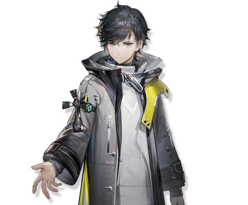 1boy arknights arknights:_endfield black_hair blue_eyes closed_mouth coat endministrator_(arknights) eyeshadow grey_coat hood hood_down hooded_coat long_sleeves looking_at_viewer makeup male_endministrator_(arknights) male_focus official_art open_clothes open_coat red_eyeshadow short_hair solo spiked_hair standing transparent_background upper_body