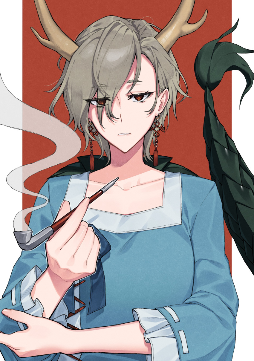 1girl absurdres blank_stare blue_dress border commission dragon_girl dragon_horns dragon_tail dress earrings grey_hair hair_over_one_eye highres himadera holding holding_smoking_pipe horns jewelry jitome kicchou_yachie long_sleeves looking_at_viewer red_background red_eyes ribbon ribbon-trimmed_sleeves ribbon_trim short_hair skeb_commission smoke smoking_pipe solo tail tassel tassel_earrings touhou upper_body white_border white_ribbon