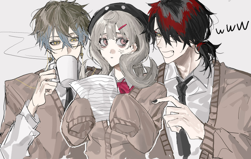 1girl 2boys anger_vein bags_under_eyes black_hair black_necktie blue_hair bow brown_hair brown_sweater collared_shirt commentary cup earrings eyewear_strap glasses grey_background grey_hair hair_ornament highres holding holding_cup holding_paper ike_eveland jewelry laughing long_sleeves miyu_(shiyemiyu) mug multicolored_hair multiple_boys necktie nijisanji nijisanji_en open_mouth paper pink_bow pink_eyes red_eyeliner red_hair reimu_endou school_uniform shirt short_hair simple_background sleeves_past_fingers sleeves_past_wrists sweater symbol-only_commentary virtual_youtuber vox_akuma white_shirt yellow_eyes