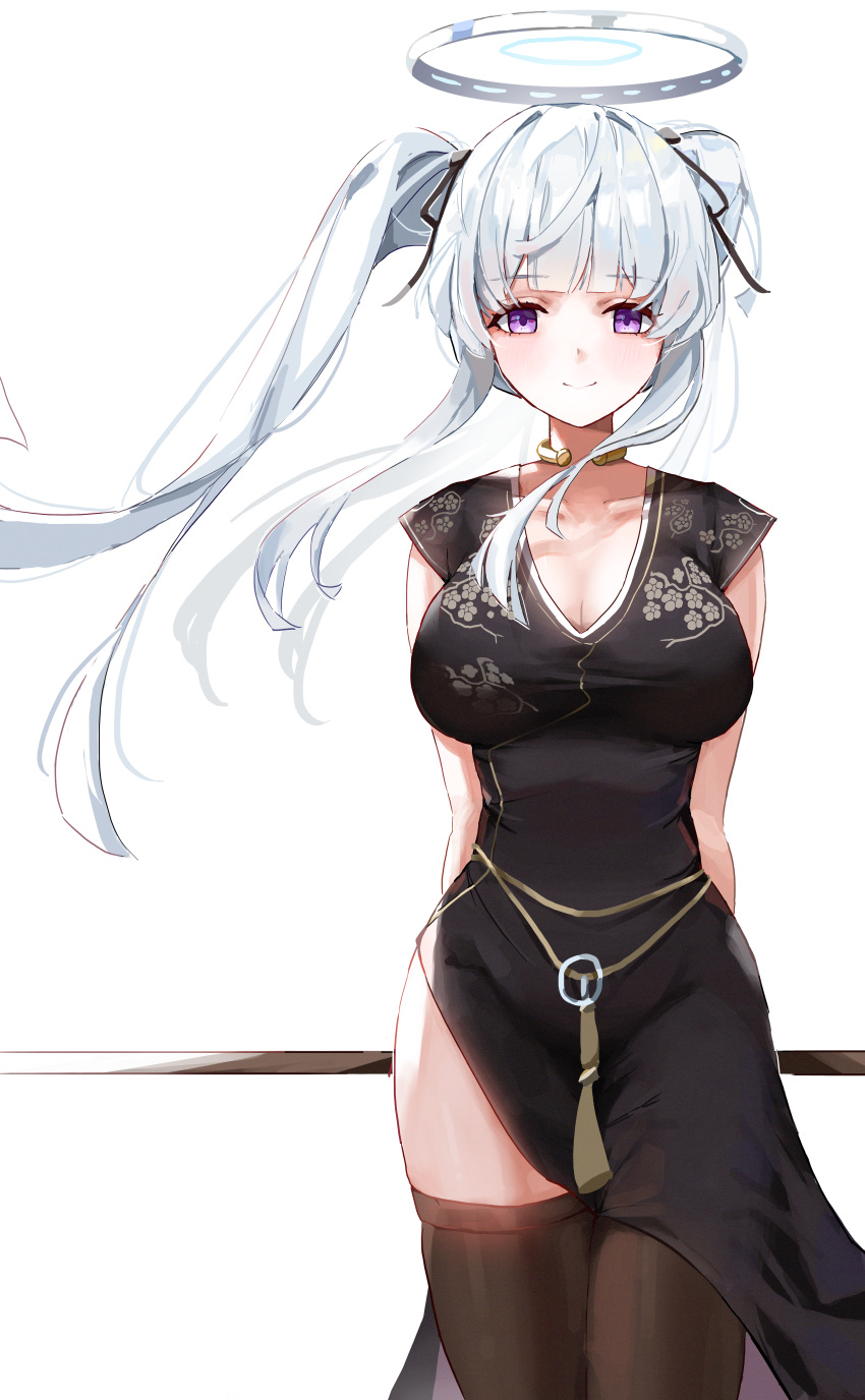 1girl absurdres black_dress black_thighhighs blue_archive blunt_bangs blush breasts cleavage collarbone cosplay dress grey_hair halo highres holding holding_staff large_breasts mabinogi name_connection nao_(mabinogi) nao_(mabinogi)_(cosplay) noa_(blue_archive) purple_eyes sidelocks simple_background sleeveless sleeveless_dress smile solo sstthei staff thighhighs twintails white_background