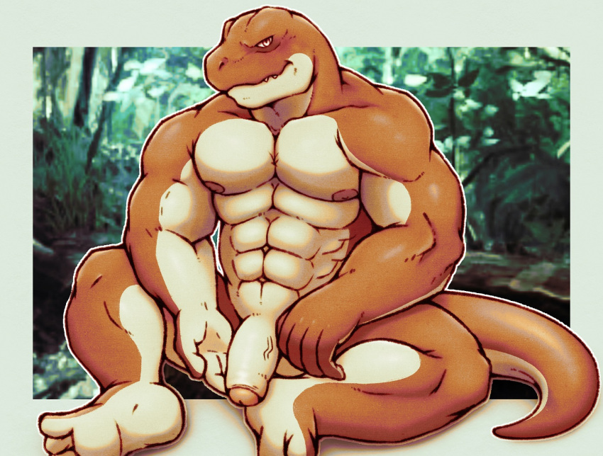 abs anthro balls barefoot biceps casual_nudity detailed_background dinosaur feet flaccid foreskin genitals hand_on_penis humanoid_feet humanoid_genitalia humanoid_hands humanoid_penis iriai_inasa male manly muscular muscular_anthro muscular_male nature navel nipples non-mammal_balls non-mammal_nipples nude outdoor_nudity outside pecs penis plantigrade reptile scalie sitting sitting_on_ground solo solo_focus spread_legs spreading tail theropod toes tyrannosaurid tyrannosaurus tyrannosaurus_rex