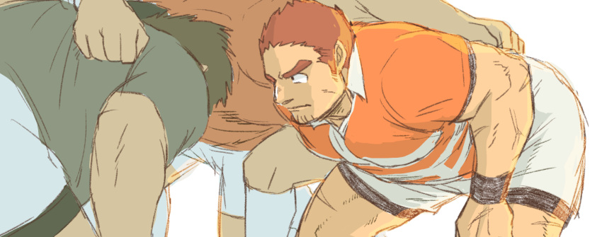 3boys bad_link bara brown_hair feet_out_of_frame frown goatee_stubble large_pectorals long_sideburns looking_ahead male_focus multiple_boys muscular muscular_male pectorals pole2walker2 rugby rugby_uniform scar scar_on_arm scar_on_cheek scar_on_face shirt_tug short_hair shorts sideburns solo_focus sportswear sunlight tamamura_gunzo thick_eyebrows tokyo_afterschool_summoners twitter_banner unfinished white_shorts